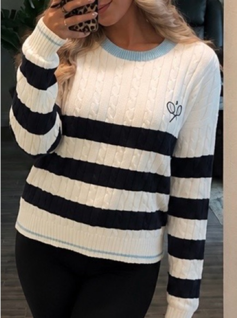 Striped Cable Knit Sweater - White & Navy